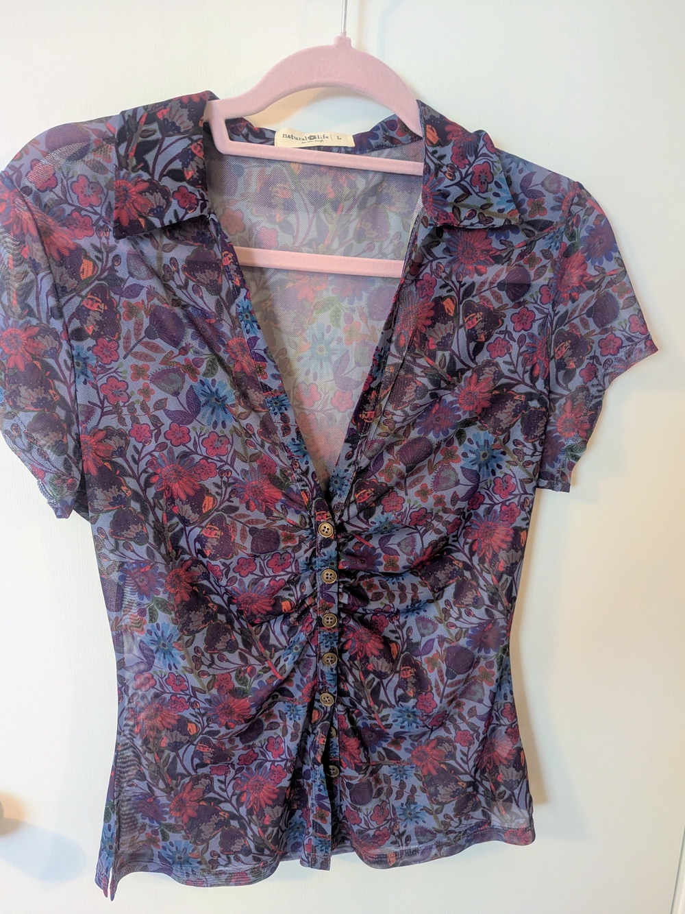 Natural Life Short-Sleeve Floral Button Front Mesh Top